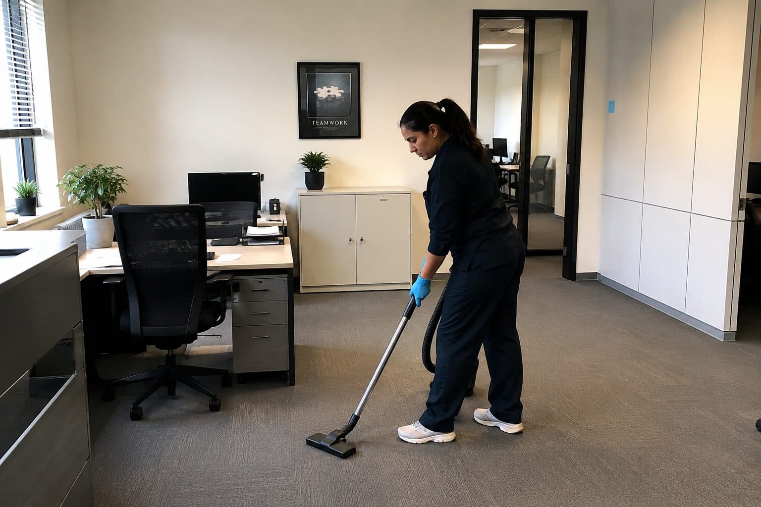 A cleaner vacuuming carpet in a professional office